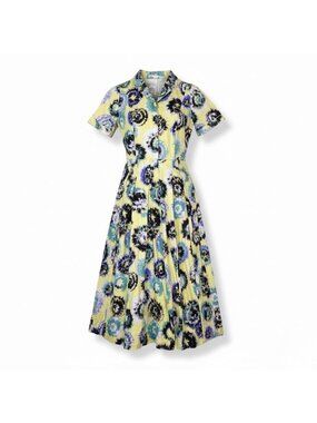 Jason Wu Womens Yellow & Multicolor Midi Dress Tie-Dye Print Short Sleeve Sz 8
